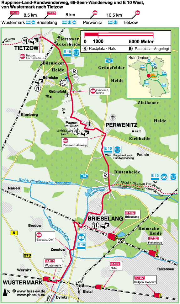Europäischer Fernwanderweg E 10 : Wustermark  –  Brieselang (Bhf.)  –  Perwenitz  –  Tietzow